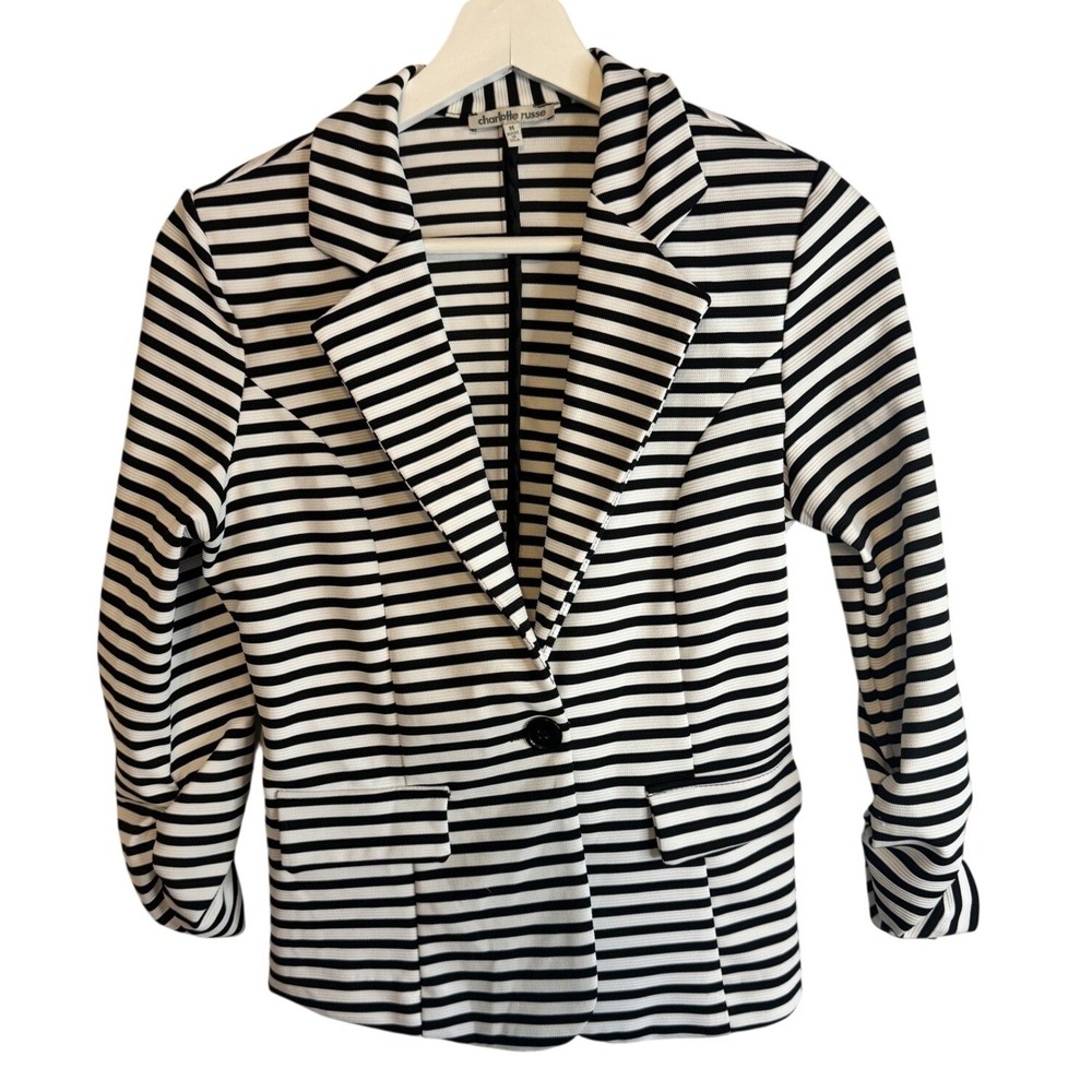 Charlotte Russe Blazer Striped Ruched Sleeve Medium Black White Womens Career